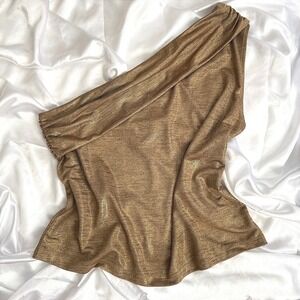 Lauren Ralph Lauren Gold Metallic One Shoulder Draped Top XL Womens Evening Wear